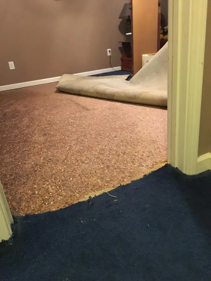 Carpet pad removal revealing water damage during Water Mitigation Services in Bradley